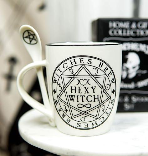 Ebros Wicca Sacred Magical Symbols Pentacles Hexy Witch Witches Brew - Juego de taza y cuchara de porcelana con mango integrado para reposamuñecas