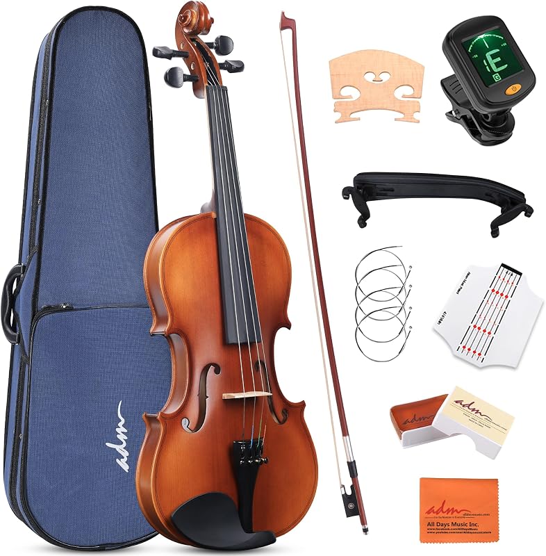 ADM 1/4 Size Wood Violin Set for Kids Teens Students Adults Beginner Acoustic Violin Matte Fiddle Starter Kit with Hard Case, Rosin, Shoulder Rest, Bow, Clip-on Tuner and Fingerboard Sticker