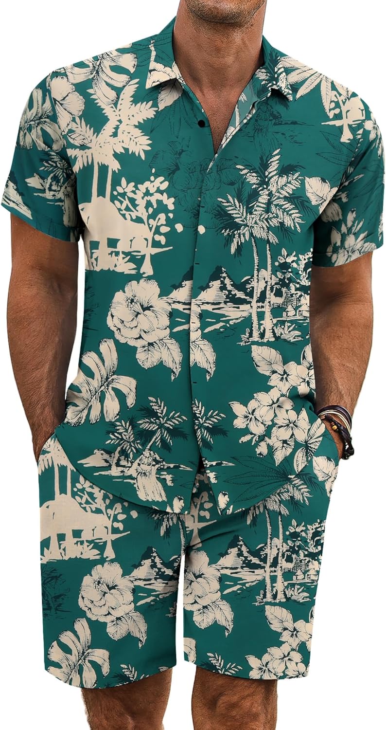COOFANDY Men's Summer Beach Outfits 2 Piece Short Sleeve Shirts and Shorts Vacation Texture Linen Sets for Men