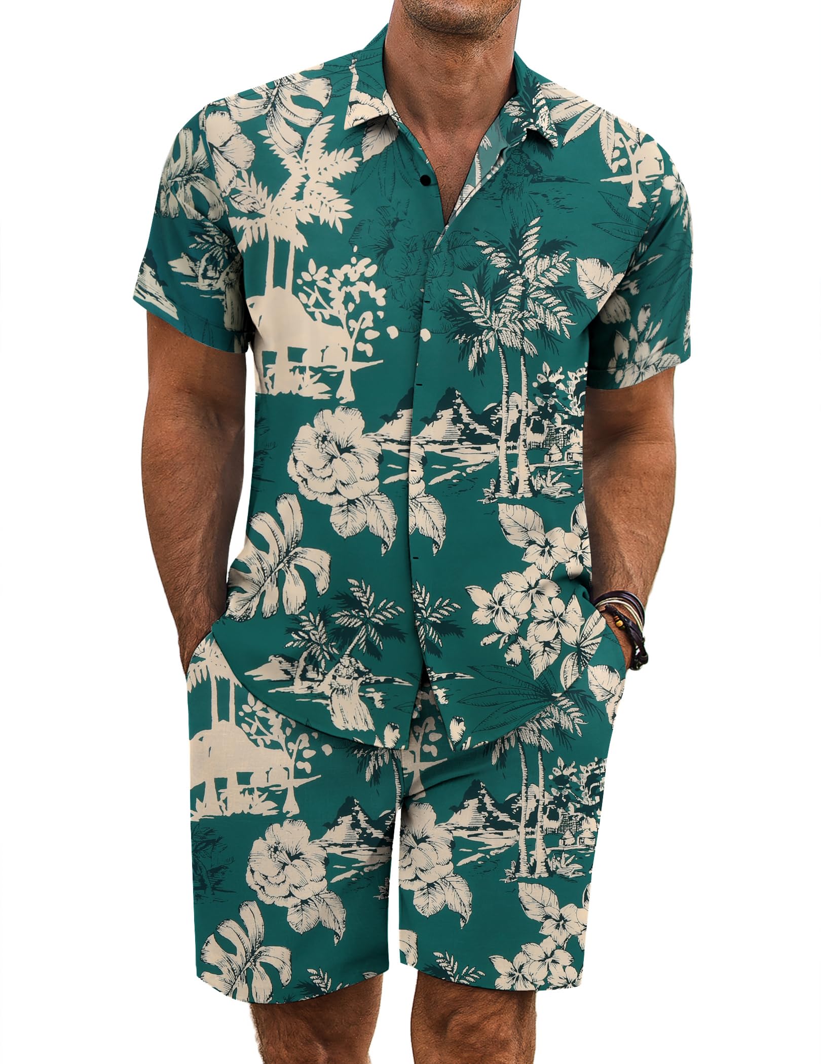 COOFANDY Men's Summer Beach Outfits 2 Piece Short Sleeve Shirts and Shorts Vacation Texture Linen Sets for Men