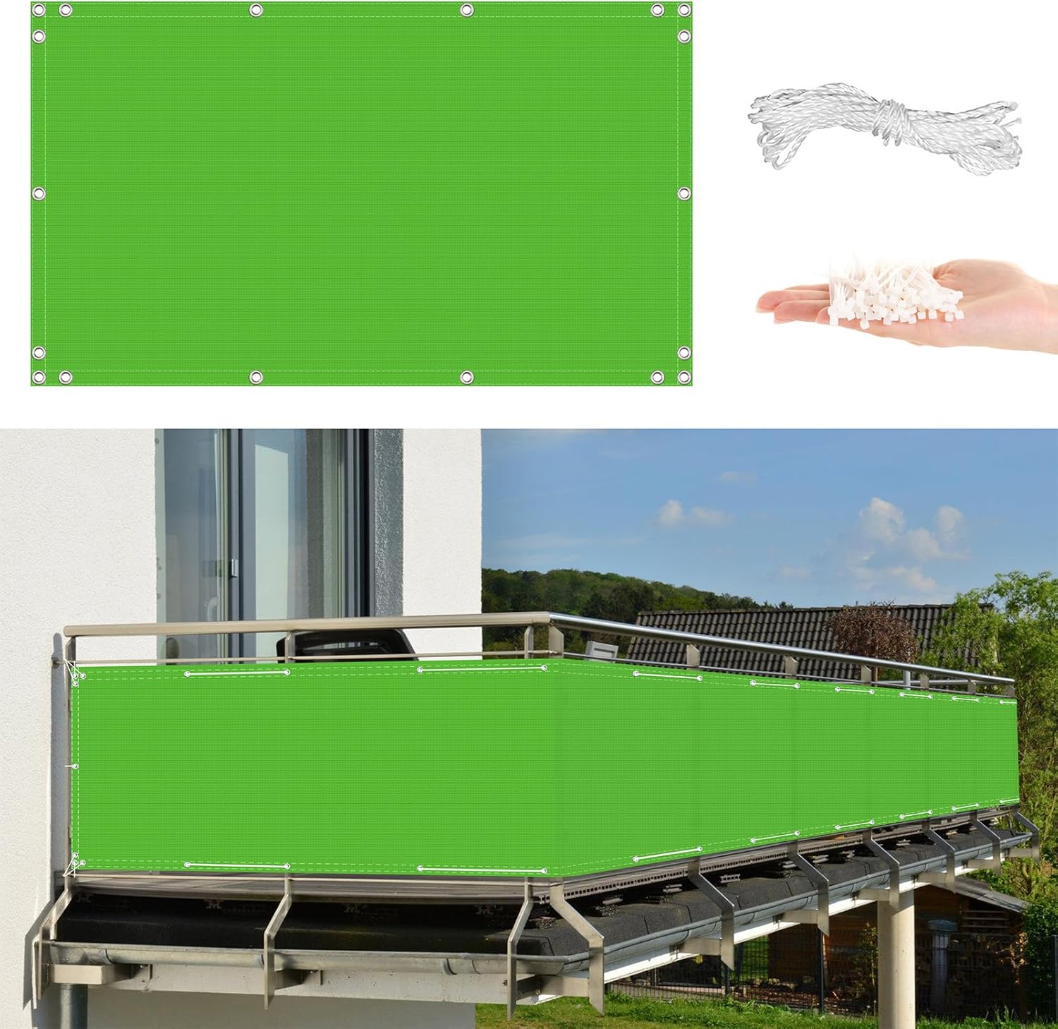 Waterproof Sun Shade Rectangle Sail,Balcony 4m x 4m UV Resistant Fence Screen for Railing Visibility Reduction Screen with Cable Ties No Drilling Needed Green Color