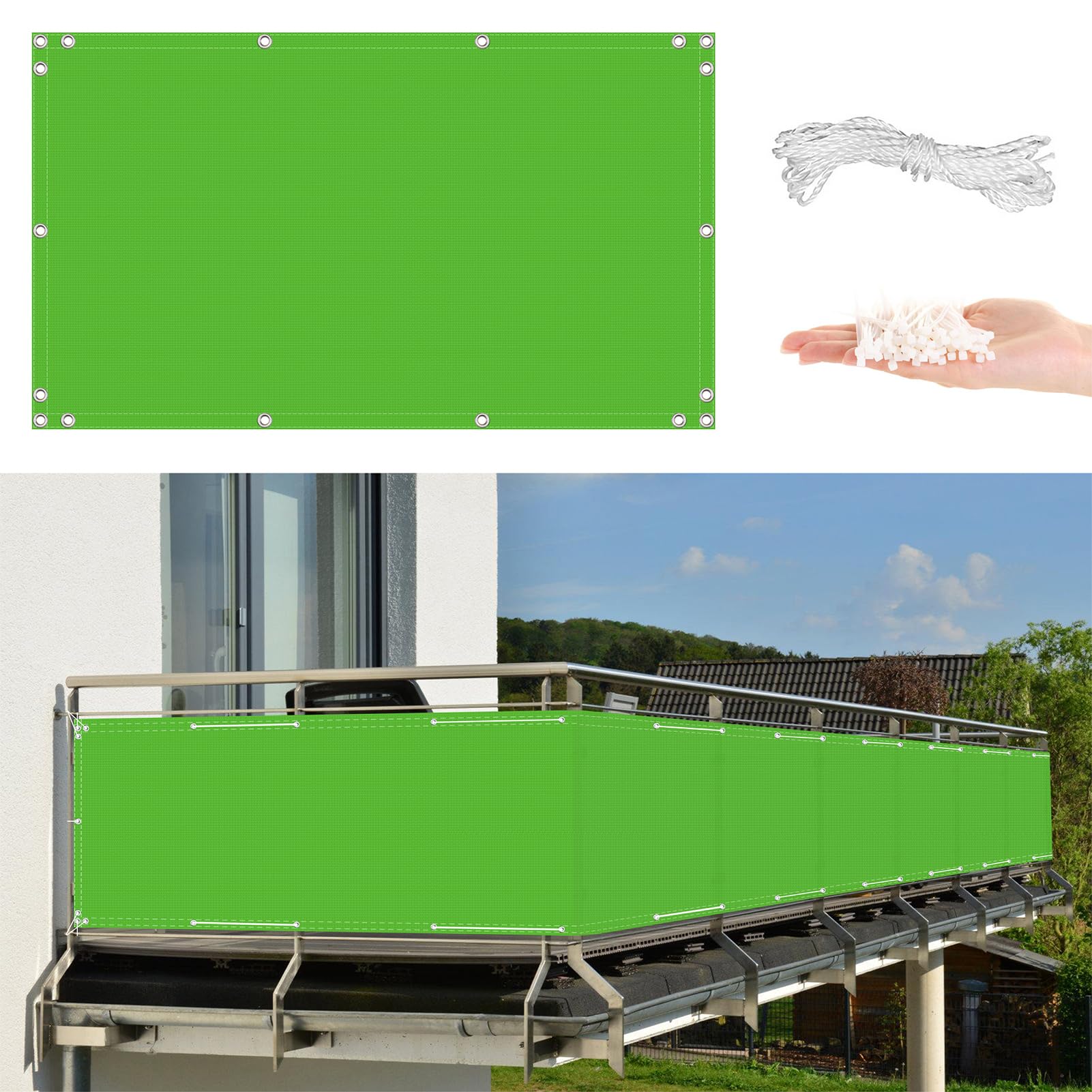 GLDYTVF Balcony 0.9m x 5m Weather Resistant Fence Screen with Grommets & Cable Ties for Balcony and Patio Green 165 g/m²