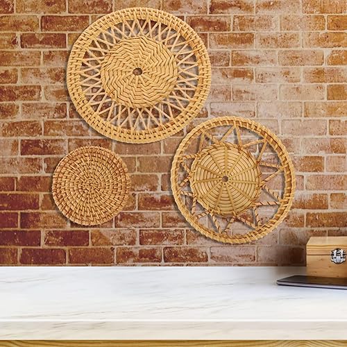 Miniatura 2 de UPKOCH 3 cestas de pared tejidas bohemias colgantes de hierba marina, cesta de mimbre rústica, decoración de pared para sala de estar, dormitorio