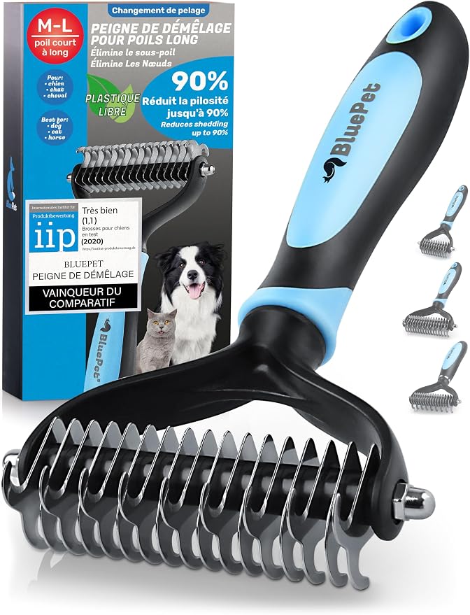 BluePet Brosse Chiens & Chats à Poil Long, Peigne Démêlage Professionnel, Pour Sous Poil et Nœuds, Étrille Démêlant pour Poils Longs, Râteau de Toilettage, Demelant Chien Chat, Élimine Poils Morts