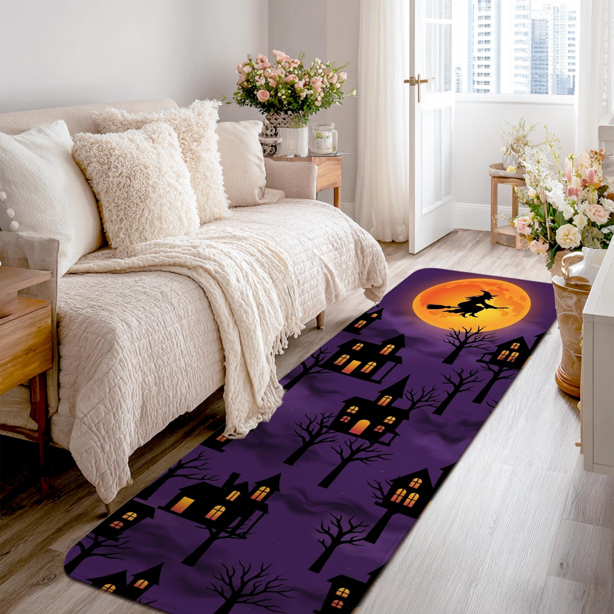 Alfombra árbol de Halloween violeta para evitar suelos fríos en cocina y entrada rectangular 2