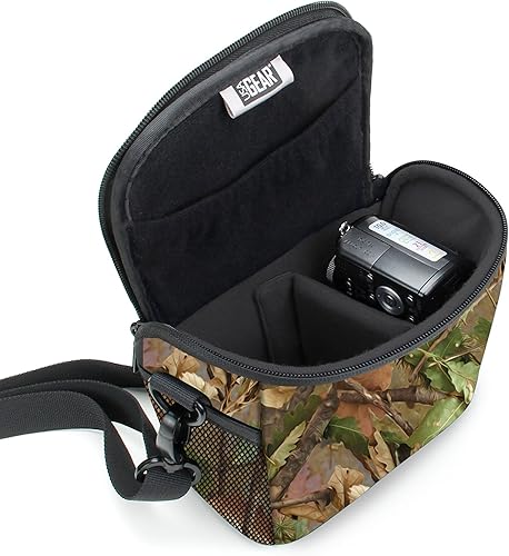Miniatura 3 de USA GEAR Bolsa para cámara Bridge (Camo Woods) con material protector de neopreno, cubierta de lluvia y divisores ajustables, compatible con Nikon