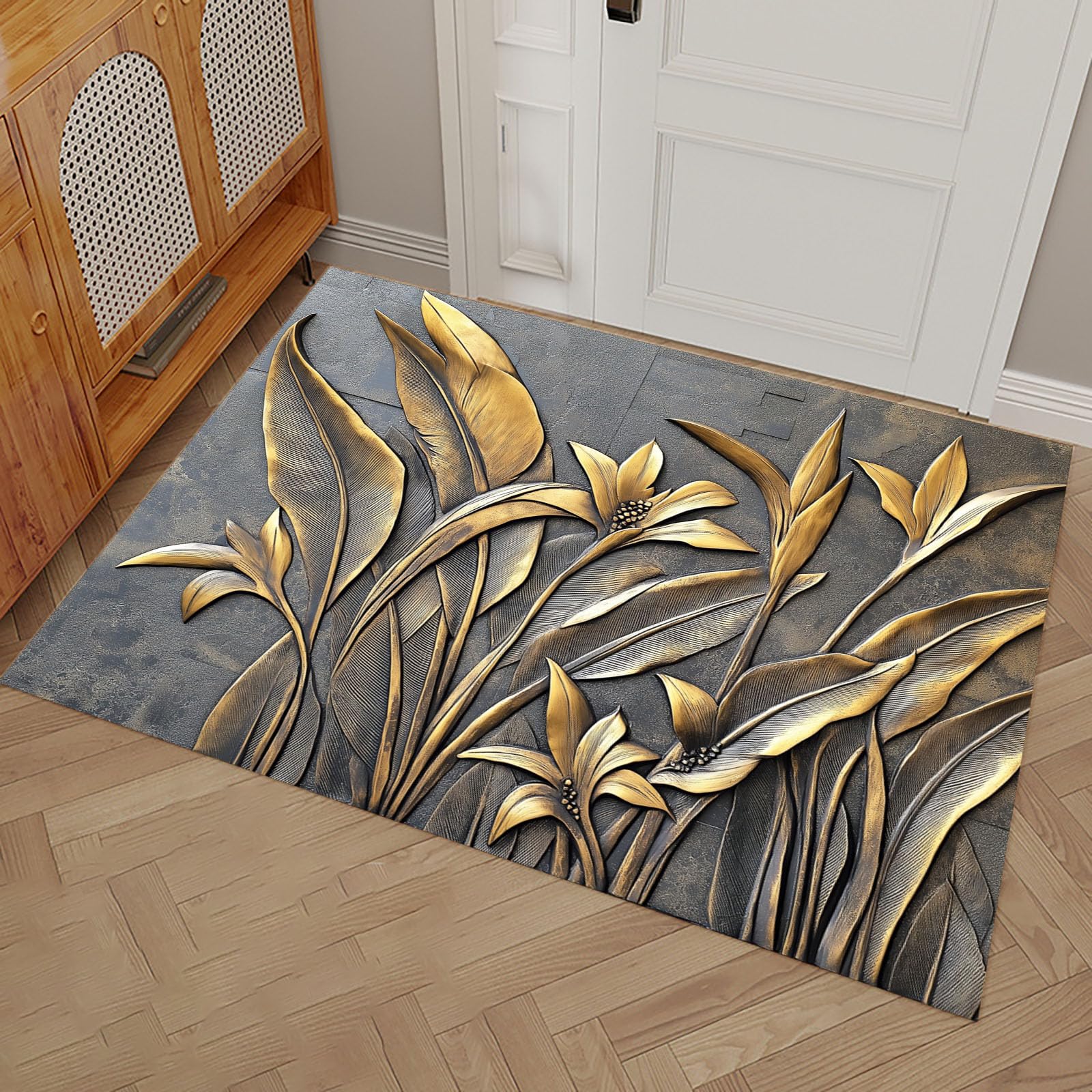 Paillasson entree 80x120cm lavable tapis tropical art gris antiderapant