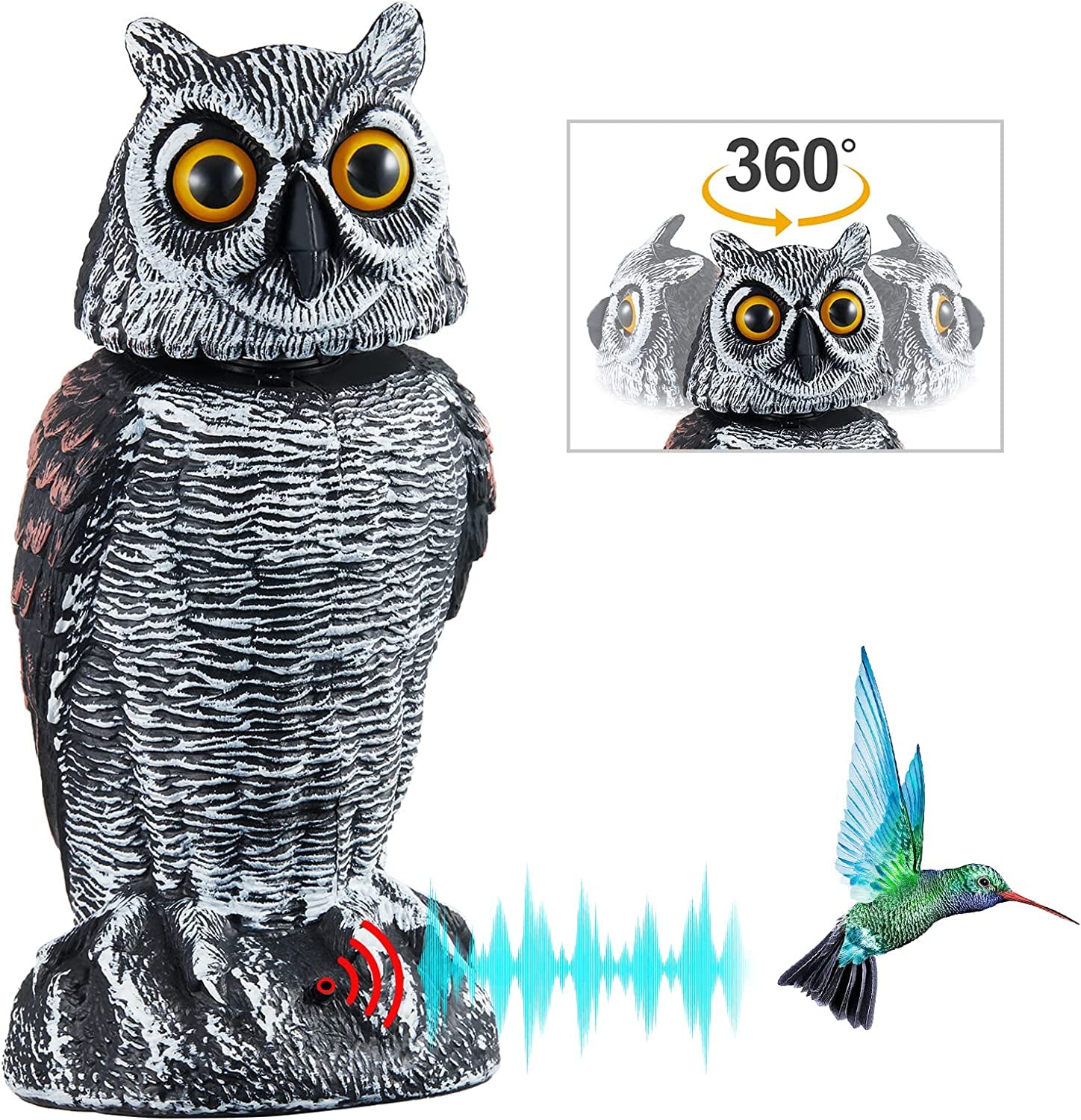 Realistic Owl Scarecrow with 360° Rotating Head Owl Decoy Statue Keep Birds Away for Outdoor Garden Yard Lawn Sound & Shadow Induction (Natural, 7.9 x 11.8 inch)