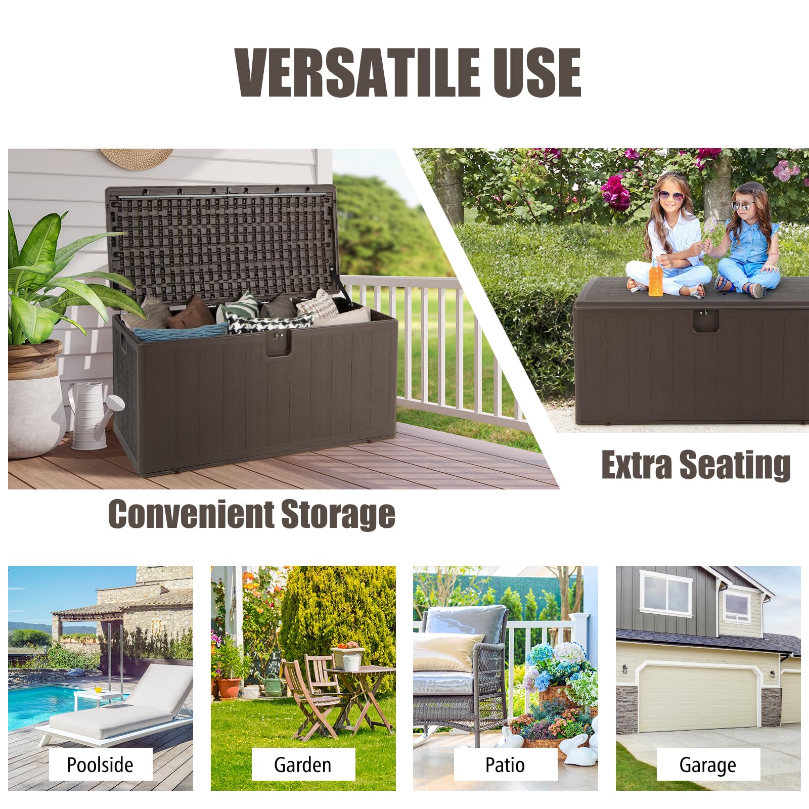 HOMASIS 400L Auflagenbox wetterfest, XXL Gartenbox aus HDPE, abschließbar Aufbewahrungsbox mit Deckel & Griff, Kissenbox Kissentruhe Auflagentruhe Gartentruhe Terrassenbox Outdoor, 128x62x64cm, Braun