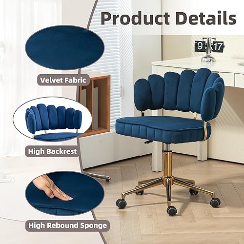 Miniatura 3 de Silla de oficina de terciopelo, cómoda silla de escritorio ajustable para oficina en casa con base dorada y ruedas giratorias de 360 grados, cómoda