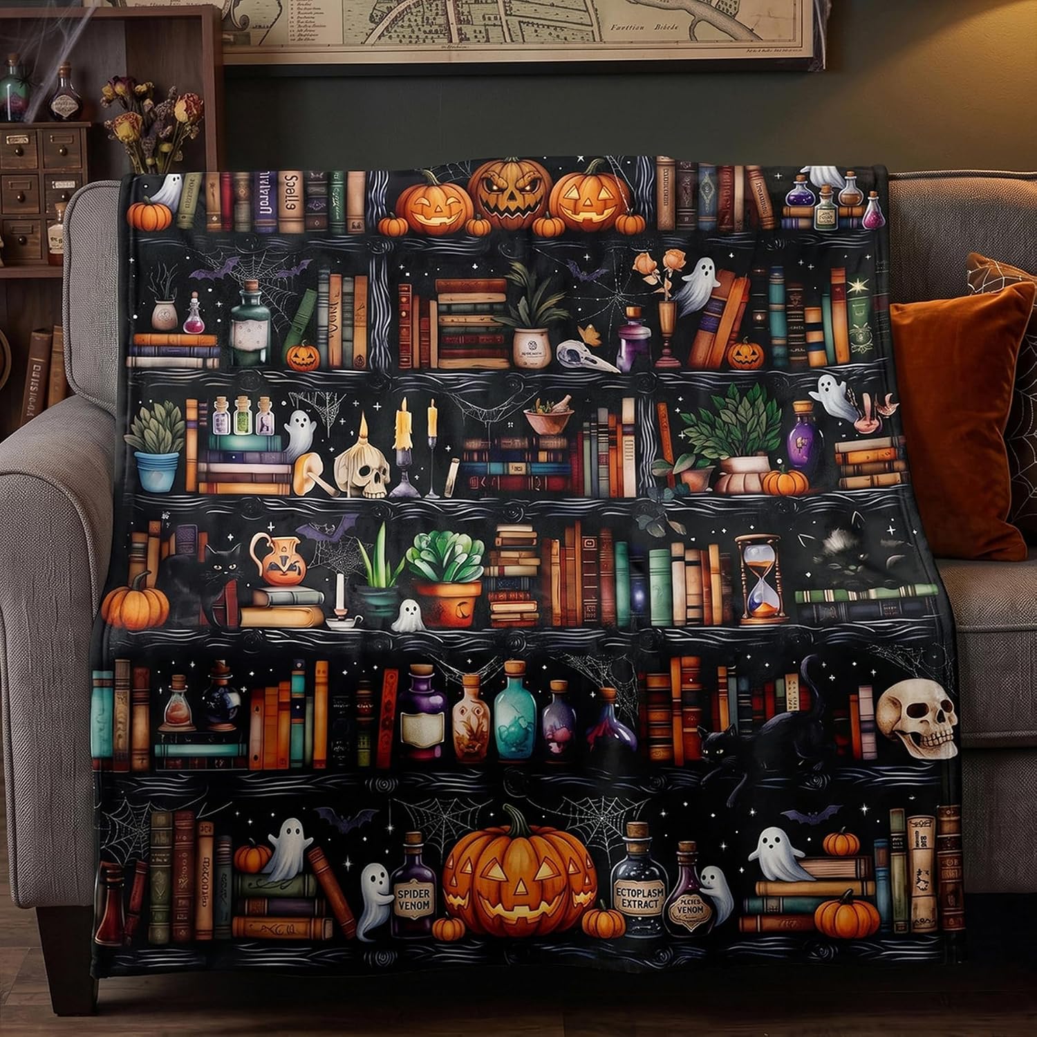 Halloween Book Blanket for Book Lovers 50"x60", Soft Flannel Witchy Spooky Bookshelf Throw Blanket, Halloween Blankets and Throws Gifts for Kids, Bookish Gifts for Women