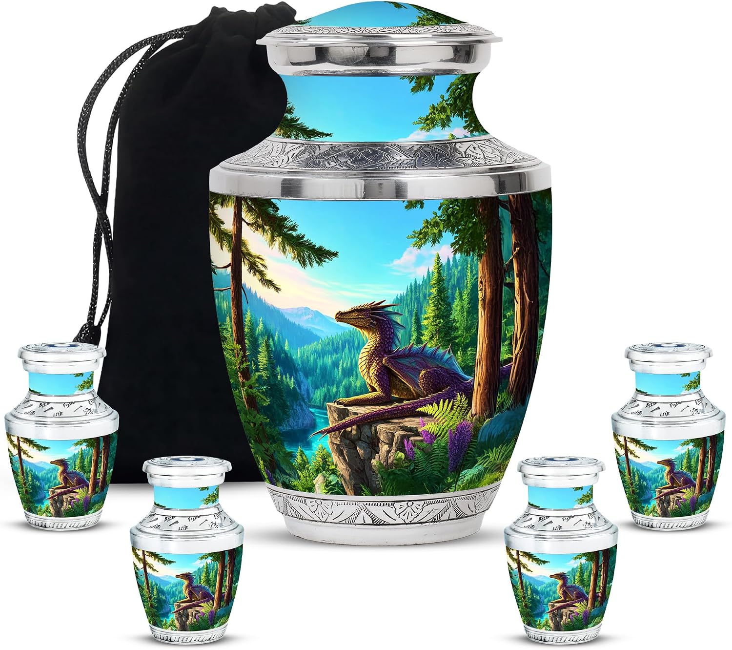 Dragon Large Urn for Cremation Ashes Female - Blue Funeral Human Urns for Ashes Adult Female and Male 10 Inch & 4 Keepsake Combo - Forest Cremation Urns for Burial