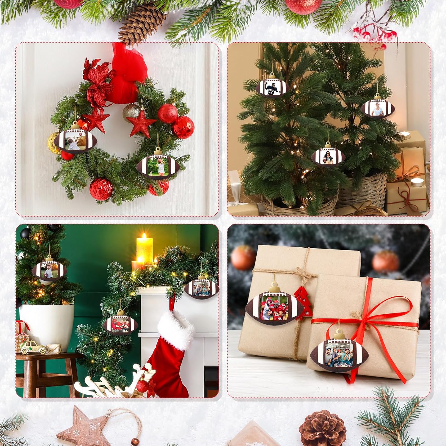 12 Pcs Football Sports Ornaments for Christmas Tree Decorations Wooden Christmas Picture Frames Xmas Photo Ornament Gifts for Sports Player Team Keepsake Party Favors - Image 6