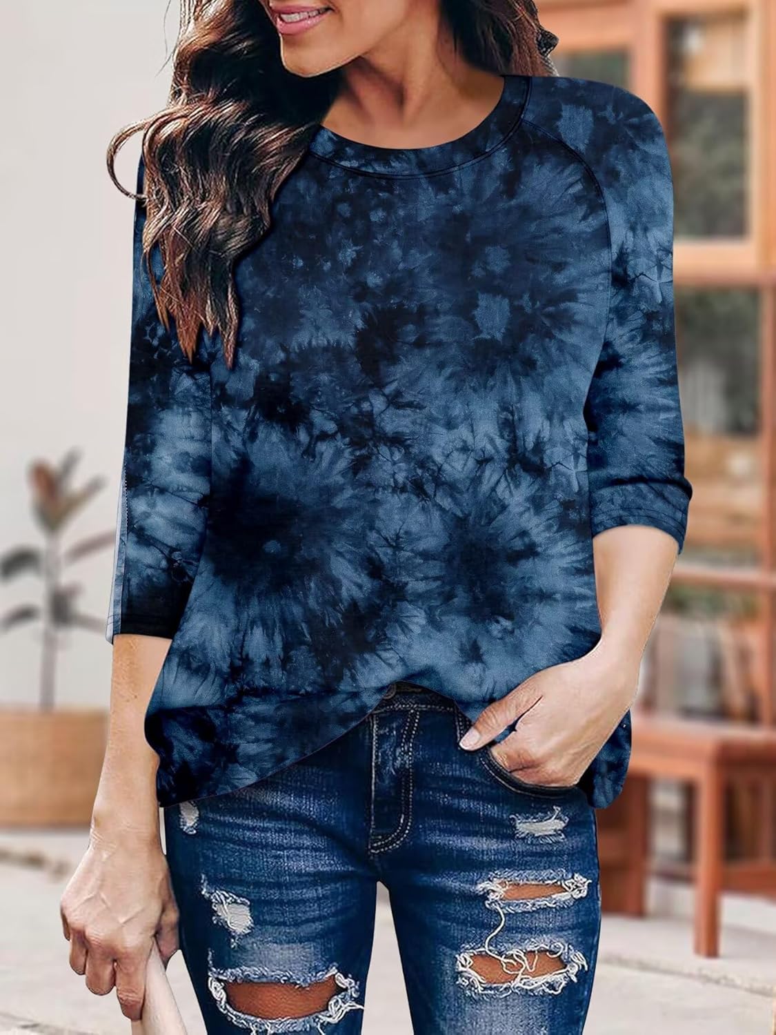 KISSMODA Tunic Tops for Women Loose Fit Dressy Round Neck Pleated 3/4 Length Sleeve Spring Tops X-Large C Tie Dye Blue image 4 of 5 B0F3D2HSJT