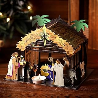 Wooden Nativity Scene Set Christmas Nativity Scene with Manger Christmas Table Decorations Rustic Christian Xmas Decor Manger with Roof Star Vintage Xmas Centerpiece for Kitchen Table Shelf