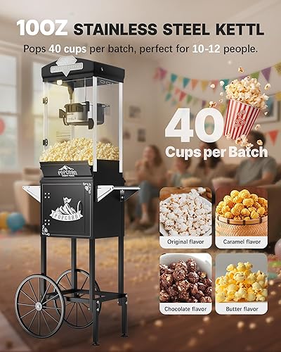Miniatura 3 de Carro de máquina de palomitas de maíz con rueda, máquina para hacer palomitas de maíz de 10 onzas con hervidor de acero inoxidable que hace hasta 40