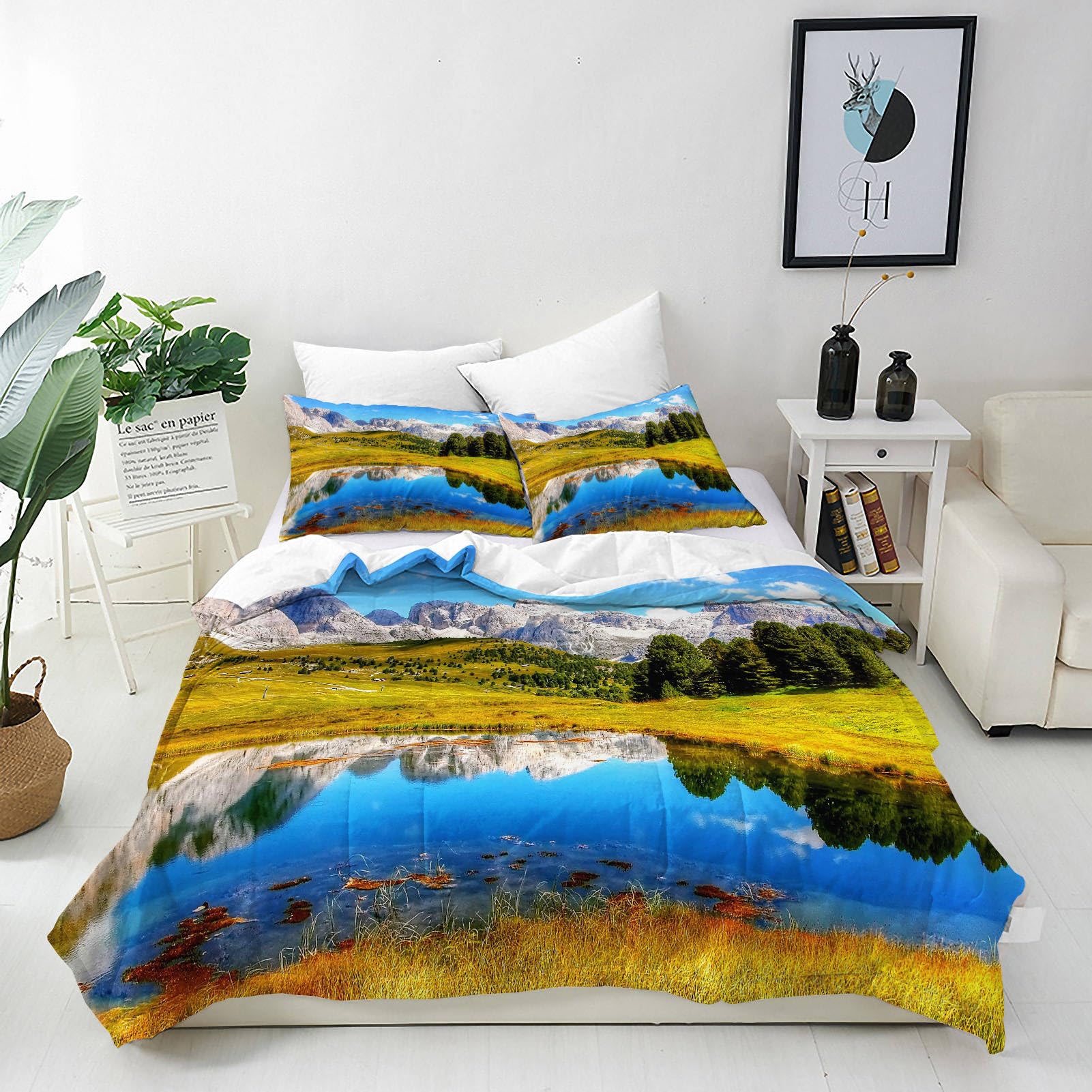 ANHOPE Landscape Duvet Cover Set Soft Lightweight Microfibre 3 Piece Bedding Set with 2 Pillowcase Nature Forest Mountain Lake Scenery Print Pattern All Season Quilt Cover with Zipper Closure King โ image 1