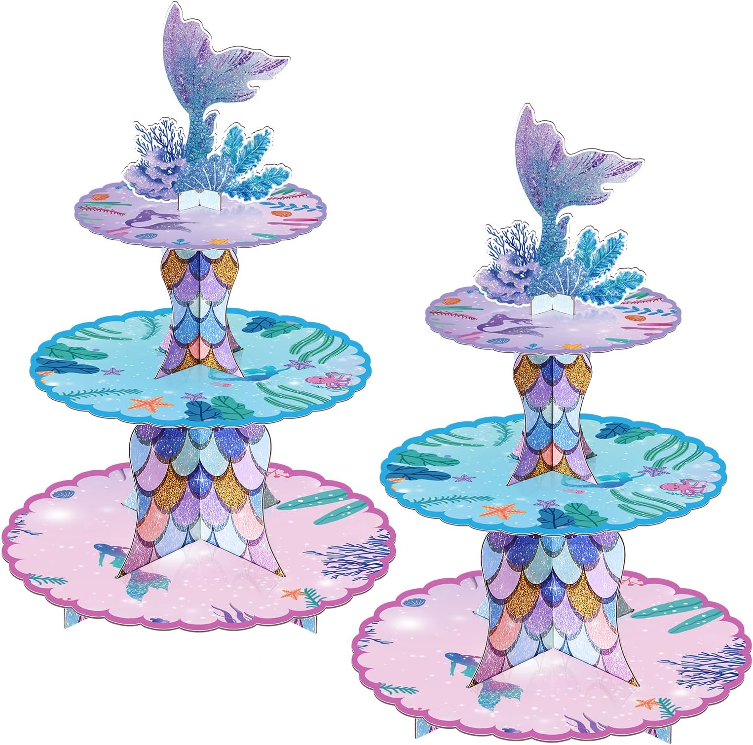 BACUTHY2 Pieces Mermaid Cupcake Stand Set Birthday Party Decorations Under The Sea Supplies with Mermaid Tail Ornaments for Girl Baby Shower