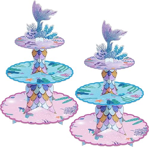 Paquete de 2 soportes para cupcakes de sirena, decoraciones de fiesta de cumpleaños, suministros bajo el mar, regalos con cola de sirena para niña