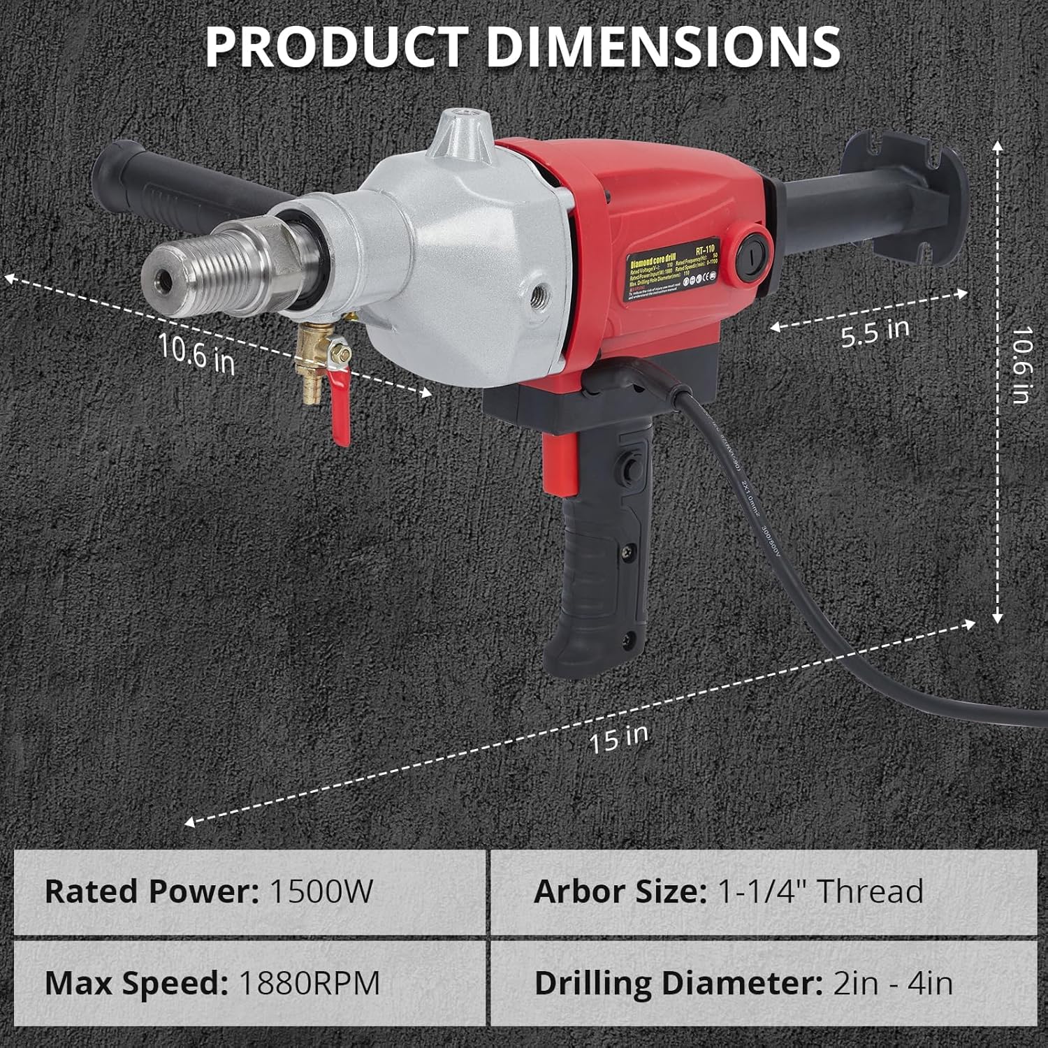 1500W Handheld Diamond Core Drill Machine – Stepless 1880RPM Speed – 2" Drill Bit, Max 4" Diameter – Wet & Dry Drilling Rig for Concrete, Brick, Stone & Block – Professional Industrial Power
