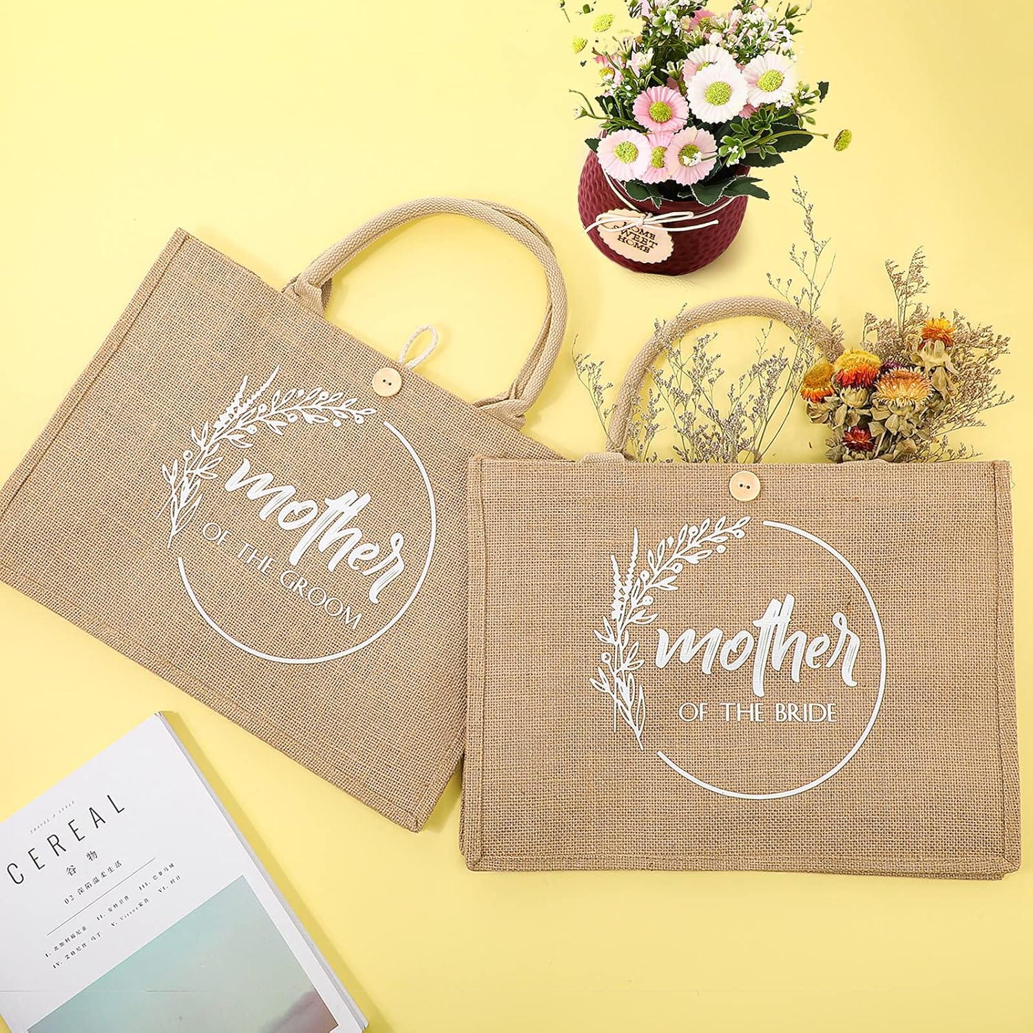 Coume 2 Pcs Mother of Bride Groom Bags Wedding Bridal Shower Gifts Burlap Jute Tote Bags with Handle Bridesmaid Gift for Mom(15.8 x 11.8 x 5.9'') - Image 6