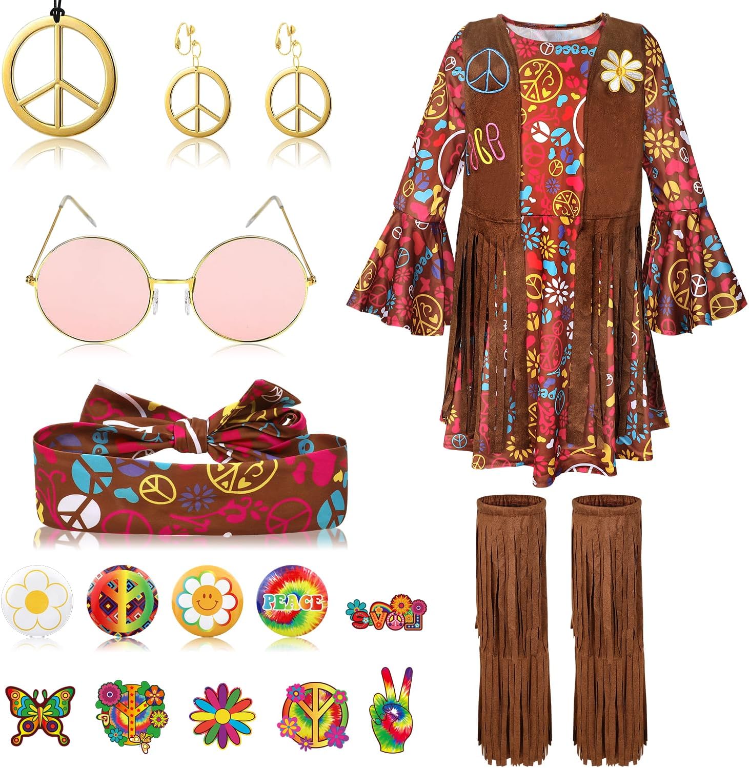Erweicet 19PCS 60s 70s Outfits Hippie Costume Set Hippie Dress for Girls