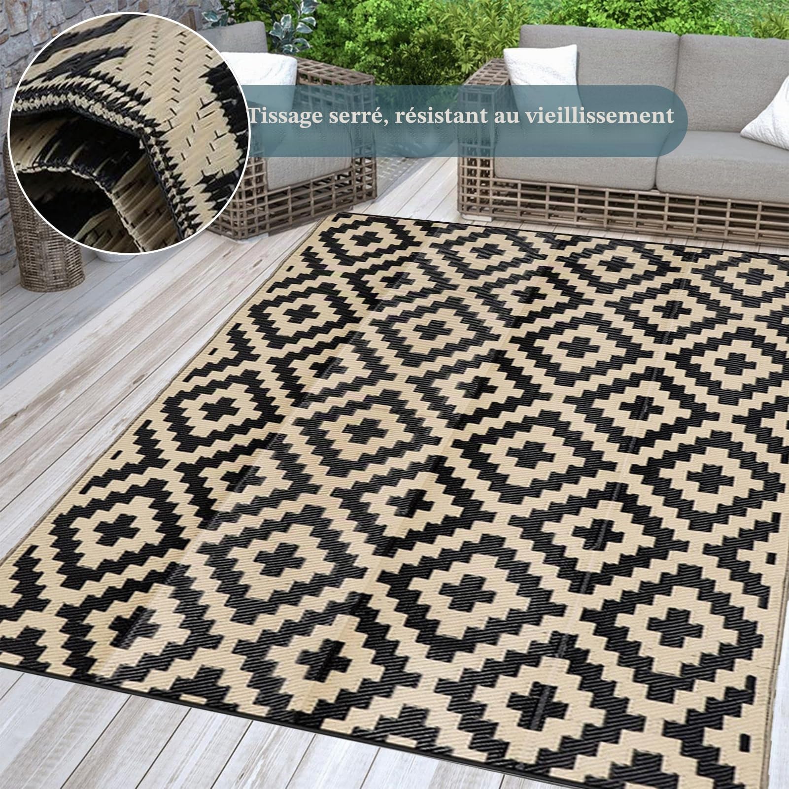 Tapis D'extérieur en Plastique Recyclé Tapis De Pique-Nique Imperméable 120X180cm Tapis Polypropylene Exterieur Portable pour Balcon, Terrasse, Jardin, Plage, Pique-Nique,Noir+Beige