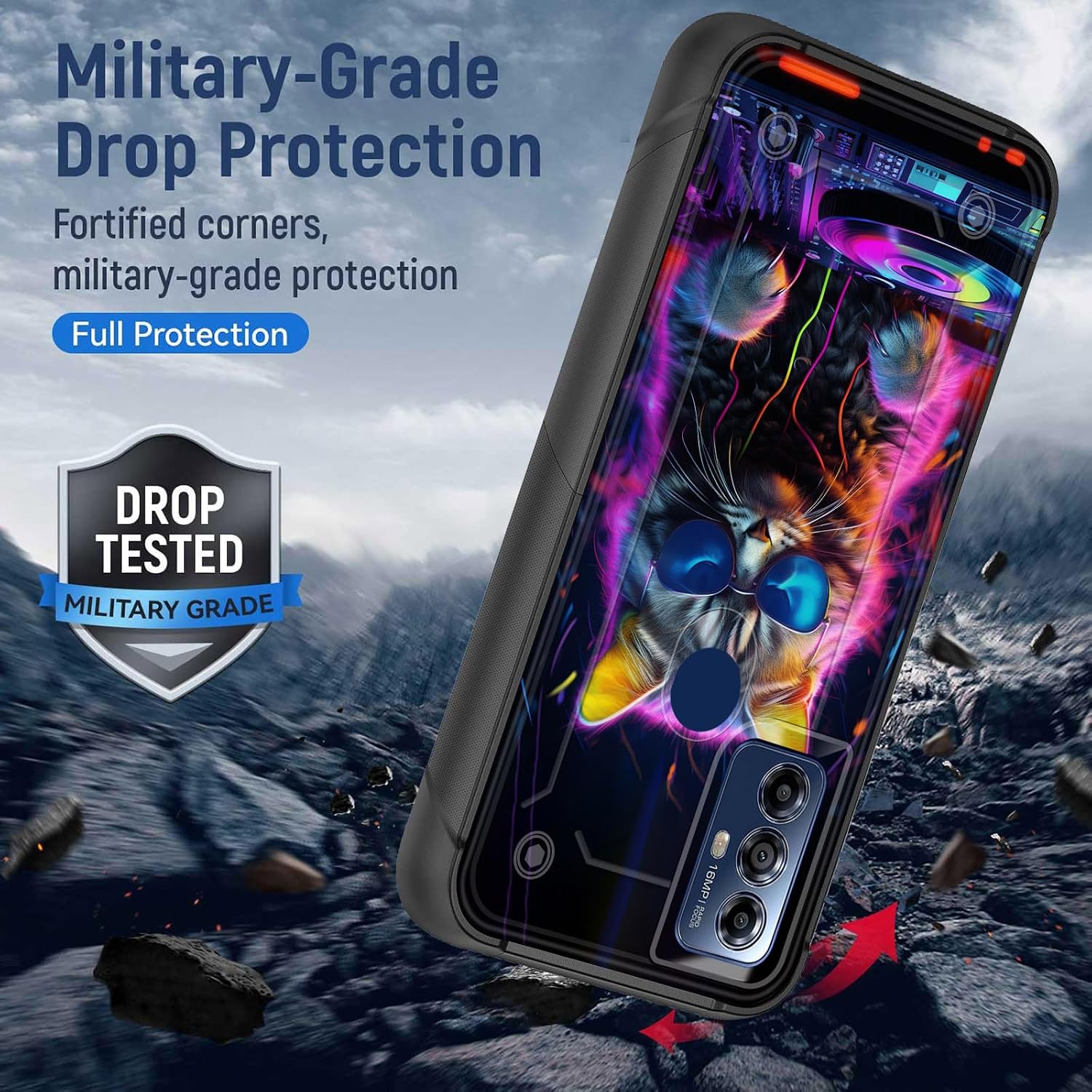 for Motorola Moto G Pure/G Power 2022 Case/G Play 2023 Case,Heavy Duty Dual Layer Hard PC & Soft Silicone Rugged Bumper Shockproof Protective Case,Dj Cat with Sunglasses Playing Music image 3