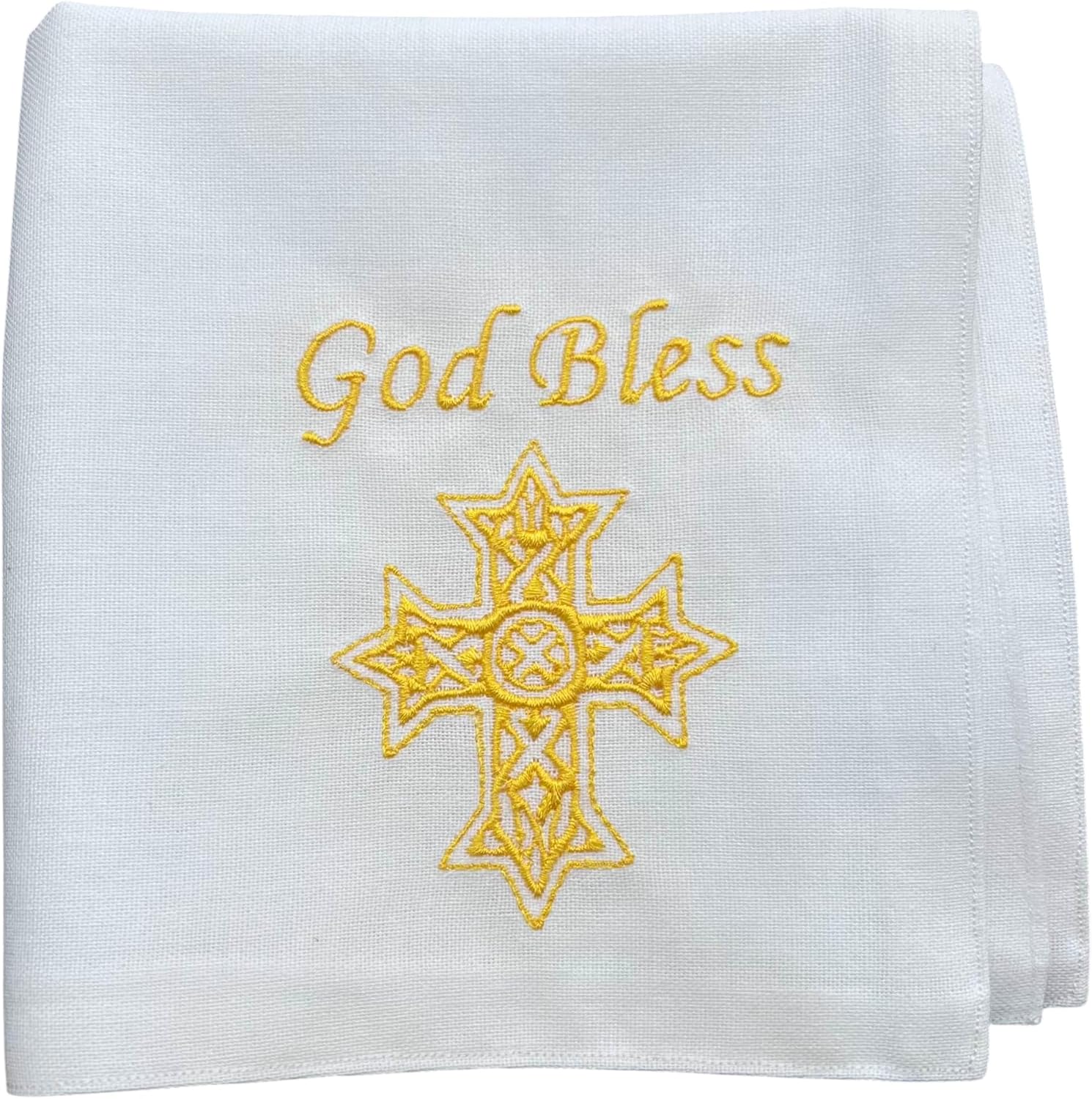 God Bless Handkerchief for Baptism, White Linen Embroidered Handkerchief, First Communion, Baby Baptism Cloth with Gold Cross