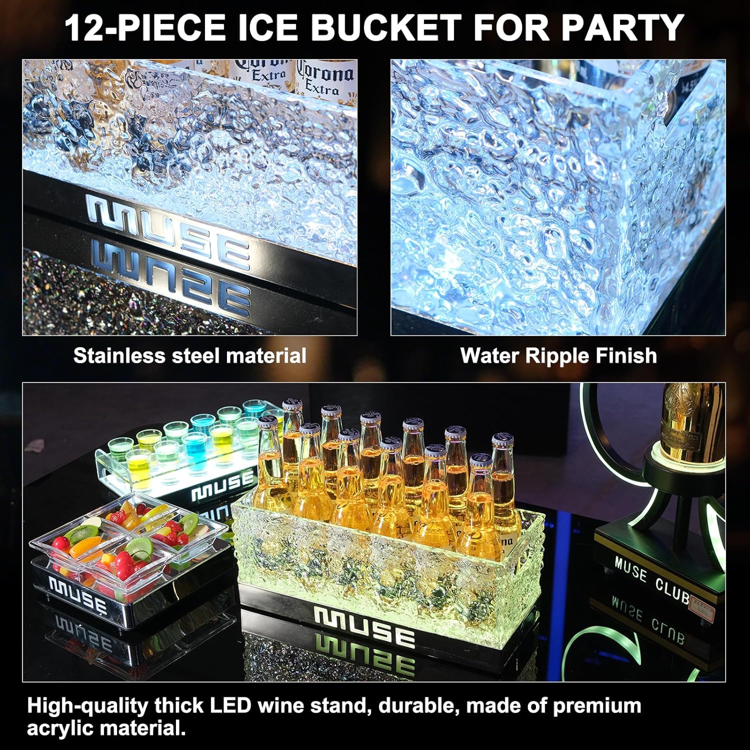 WILON LED Ice Bucket with Remote, Square Beverage Tub for Champagne Beer Drink Wine, Light RGB Colorful, Leakproof Light Up Drink Bucket (up to 12 Bottles)