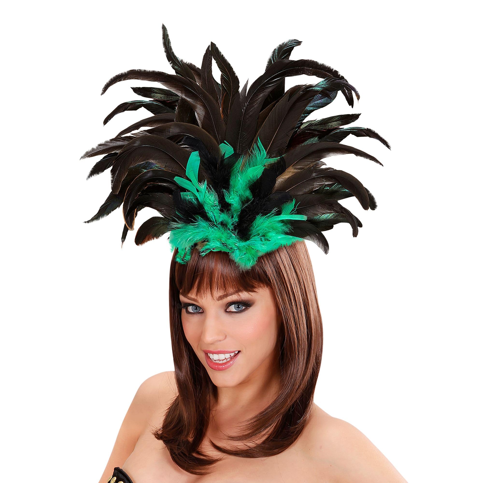 W WIDMANN MILANO Party Fashion 66013 - Serre-tête à plumes Copacabana, vert, Brésil, samba, coiffe, accessoire, soirée à thème, carnaval