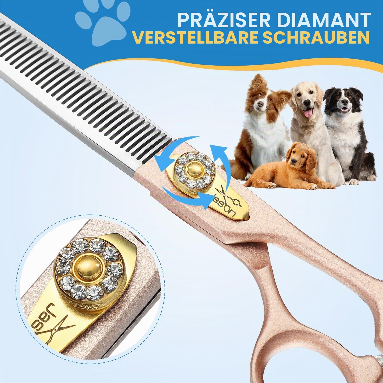 JASON Profi Fellschere für Hunde - 54 Zähne Effilierschere aus japanischem 440C-Edelstahl 7,5 Zoll Hundeschere mit ergonomishcen Griff, Roségold