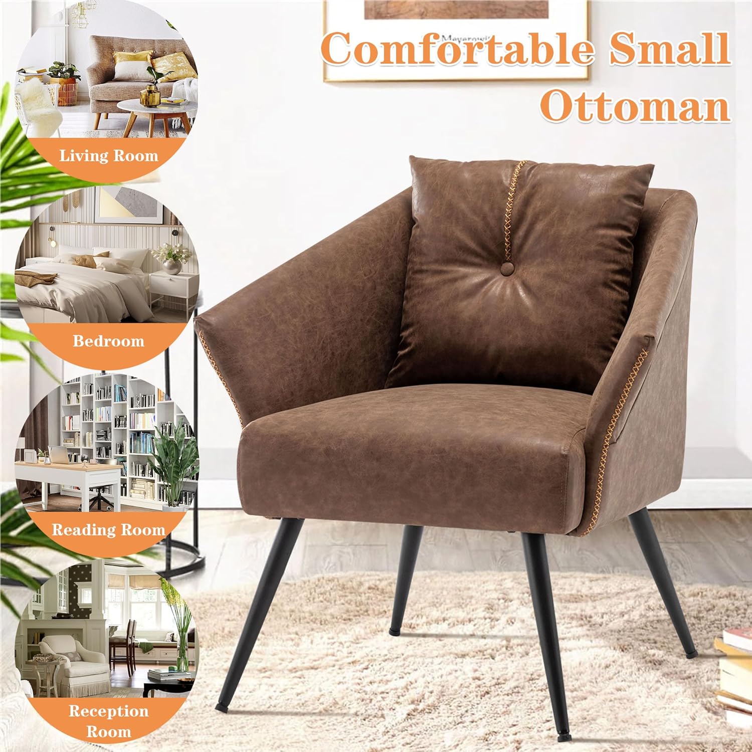 Alunaune Mid Century Brown Accent Chair, Upholstered Modern Living Room Chair Club Arm Chair Faux Leather Large Tub Bucket Single Sofa Lounge Chair for Bedroom