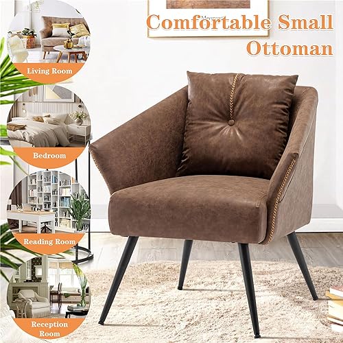 Miniatura 7 de Alunaune Juego de 2 sillas decorativas tapizadas de color marrón, modernas de piel sintética, sillas para sala de estar, silla con brazos, silla de