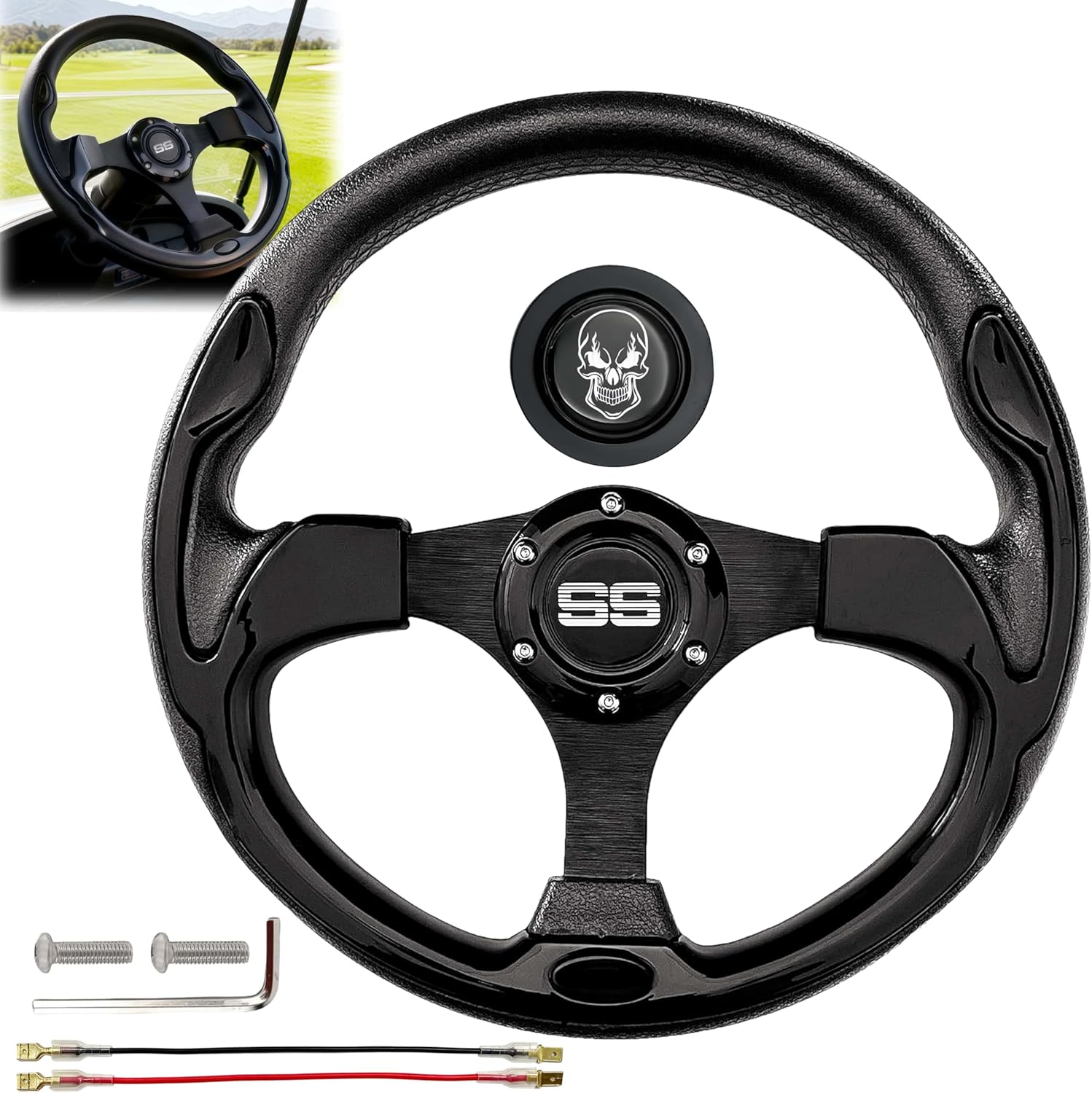 Golf Cart Steering Wheel - With Horn Button, Racing Style, Fit EZGO TXT/RXV/Club Car DS/Precedent/Yamaha, Most Golf Carts Ergonomic Design/Non-Slip (Black-Skull/SS)