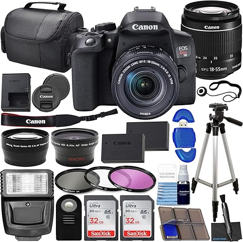 Canon Cámara DSLR EOS Rebel T8i con EF-S 0.709-2.165 in F4-5.6 es STM Zoom Bundle + lente gran angular + lente teleobjetivo + memoria de 128 GB +