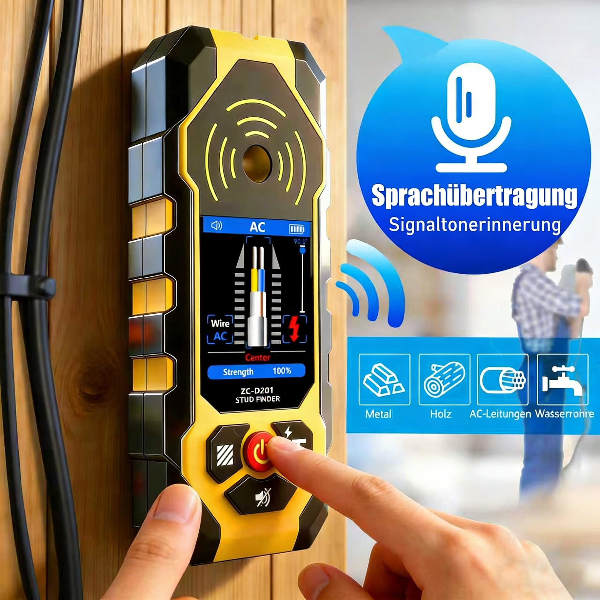 Ortungsgerät Leitungssucher 4 in1 Professioneller Multifunktionaler Wand Scanner Detektor für Holz, Metalle, Nichteisenmetalle, Kabel, mit Akustischer und Visueller Anzeige ZC-D201