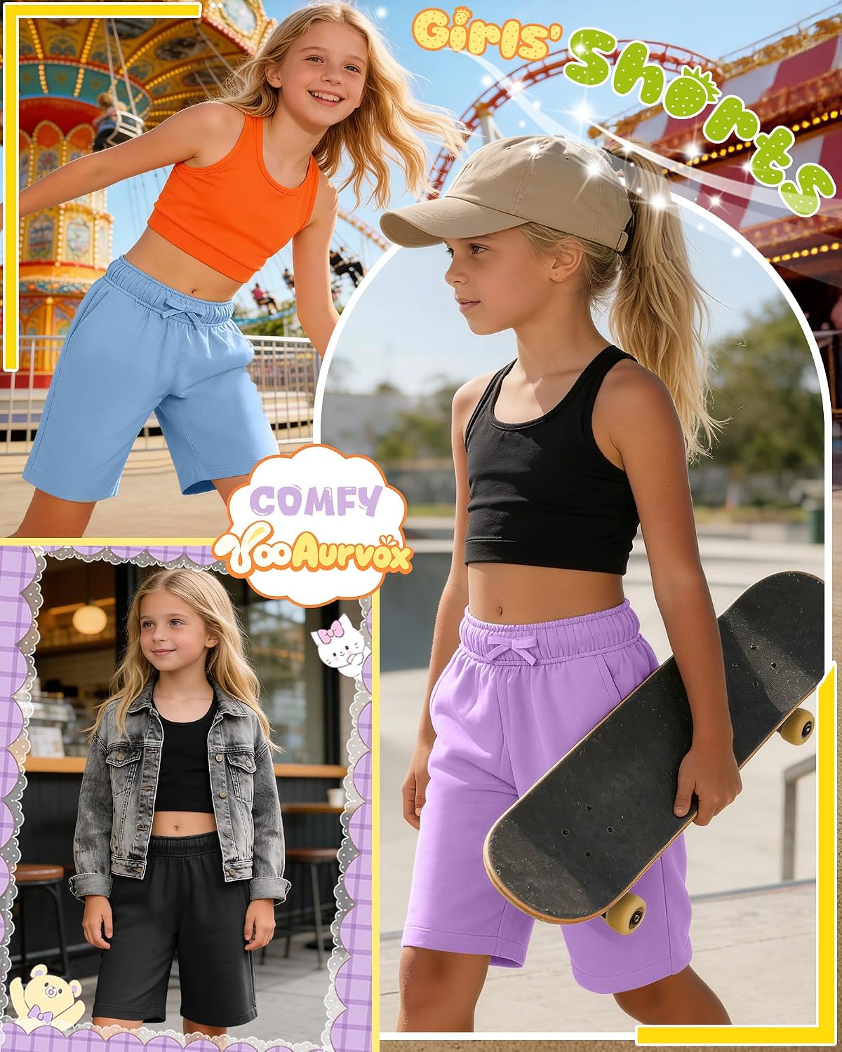 3 Pack Girls' Bermuda Shorts Elastic Waistband Athletic Long Shorts Kids Knee Length Summer SweatShorts 5-14 Y