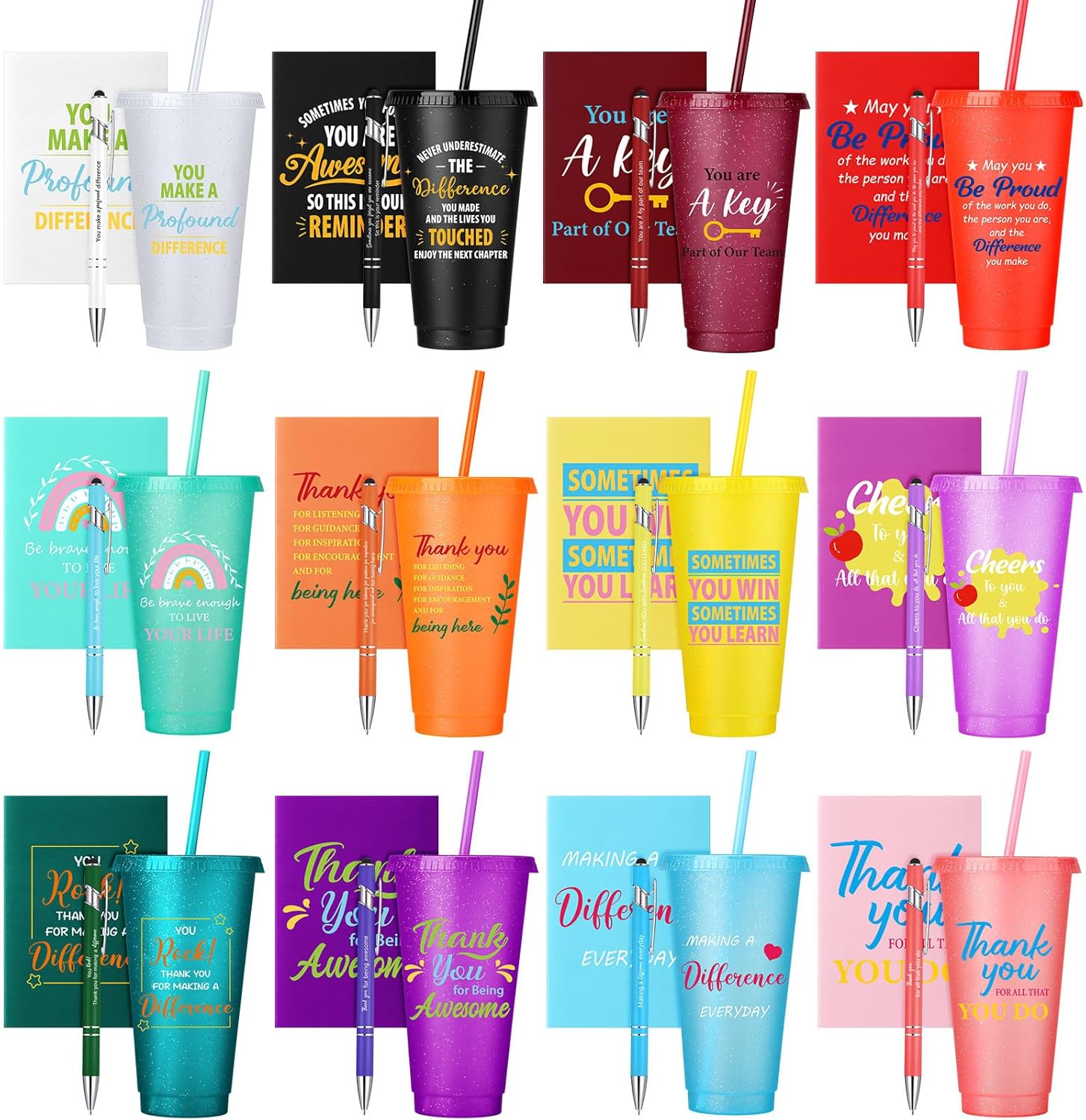 72 Pcs/ 24 Set Thank You Gifts Bulk 24 oz Valentines Staff Coworker Appreciation Tumbler with Lids and Straws Motivational Pens Inspirational Notepads Plastic Cups Gift(awesome, Colorful2) - Image 7