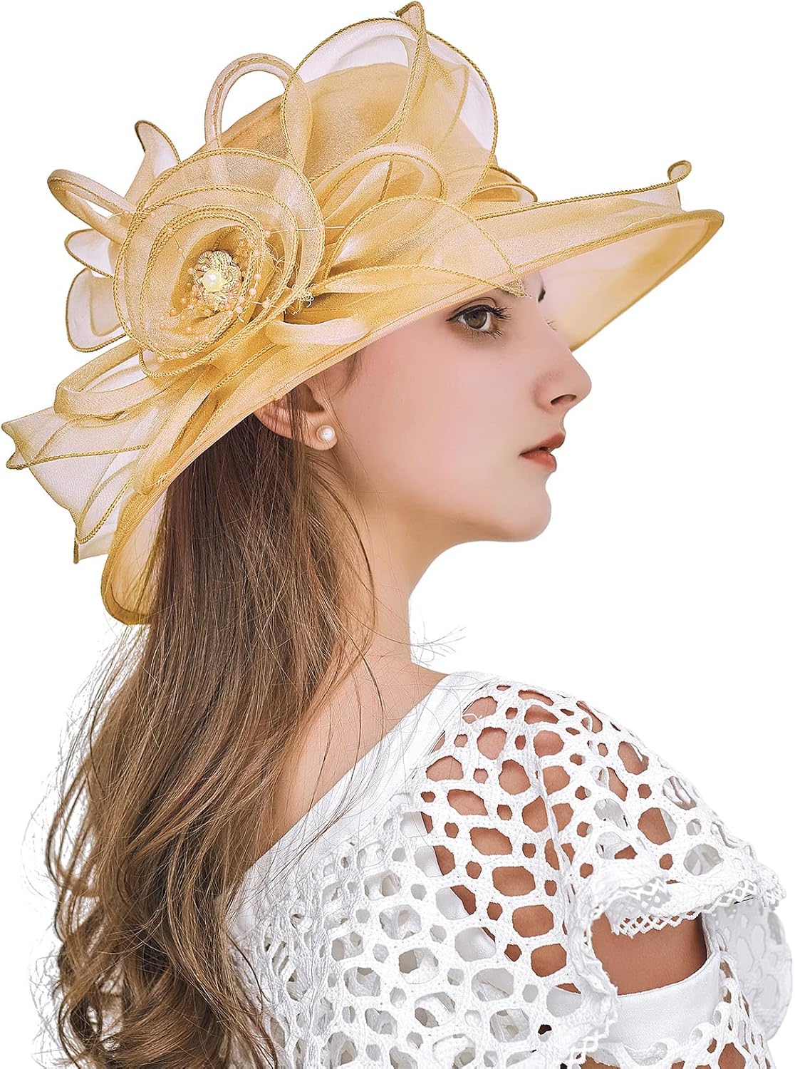 Z&X Organza Church Fascinator Wedding Tea Party Derby Hats for Women Flower Wide Brim Sun Hat - Image 2