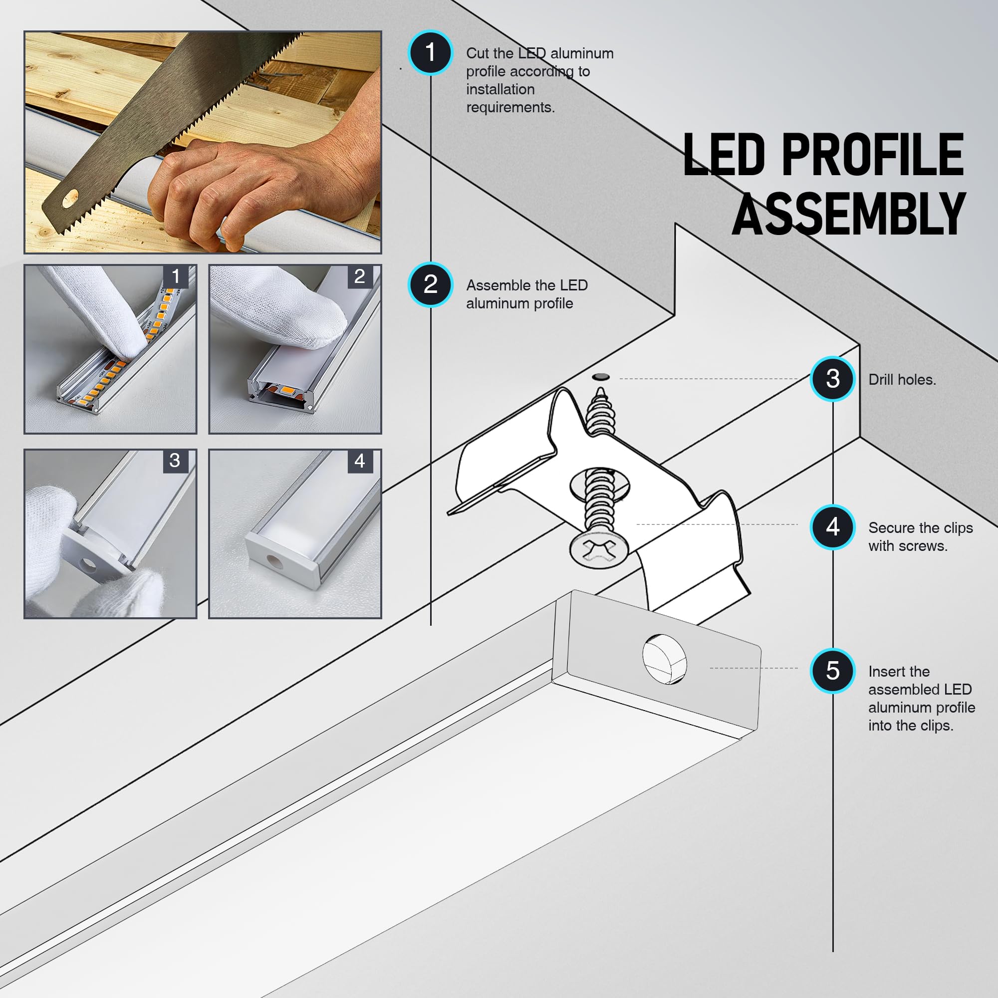 10 x LED profilo in alluminio da 2 m, per strisce LED fino a 17 mm, canale LED con diffusore bianco latte, dimensioni: 17,4 x 7 mm (20 m), adatto per cartongesso, montaggio a soffitto e armadi