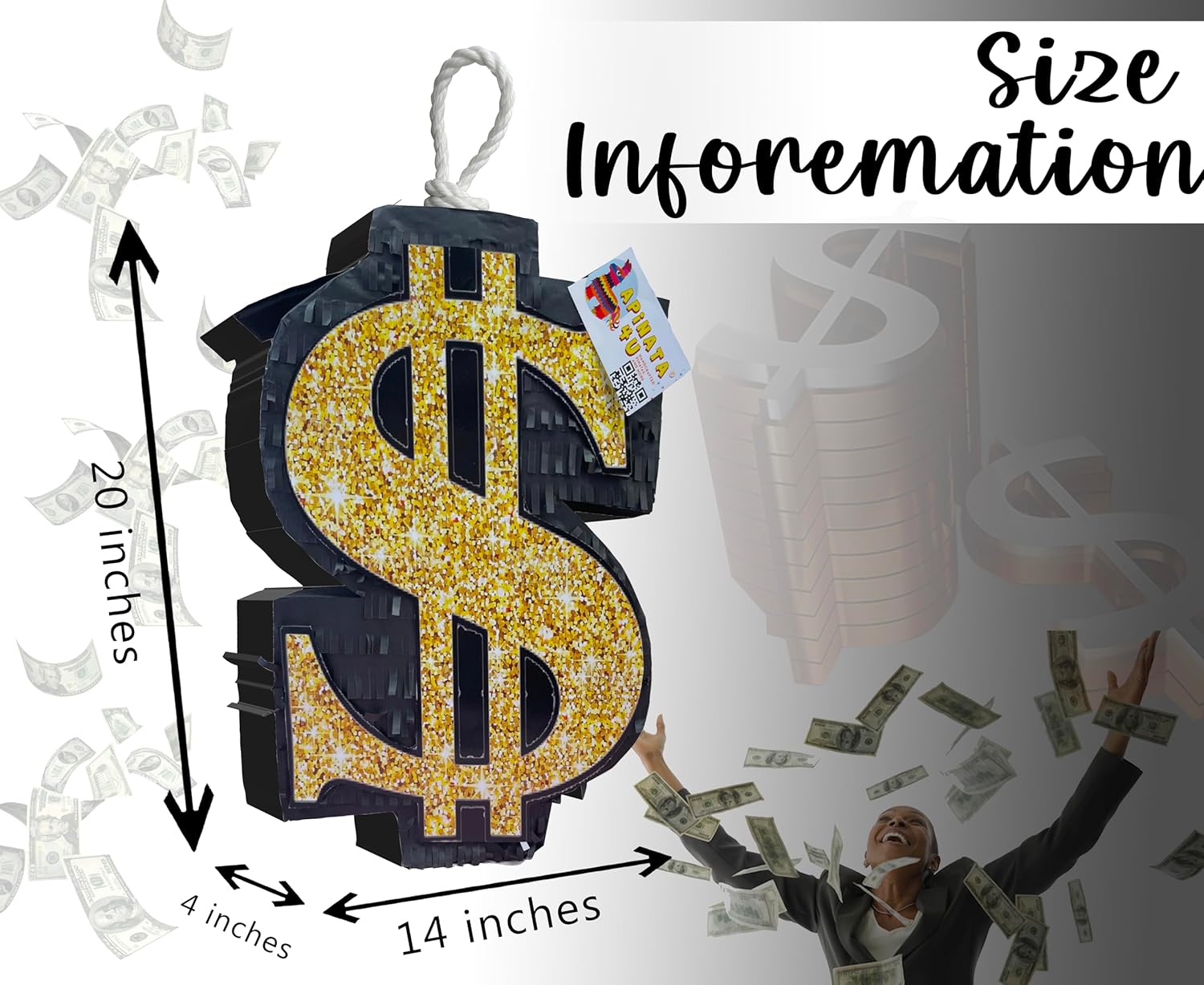 APINATA4U 20" Black & Gold Money Dollar Sign Pinata - Elevate Your Las Vegas Themed Party or Casino Celebration with this Eye-Catching Money Symbol Decoration!