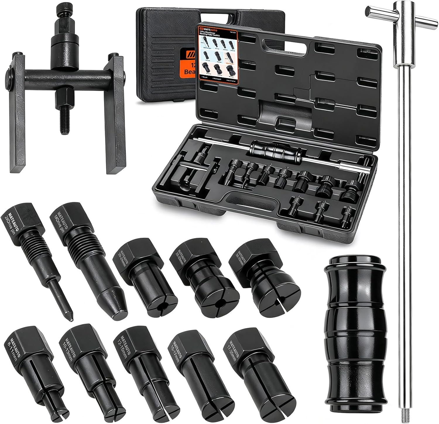 12pcs Motorcycle Blind Hole Collet Bearing Puller Set, Internal Bearing Extractor Puller Kit Slide Hammer Bearing Puller with Expandable Collets 8-32mm Inner Bearing Remover Tool (12-Piece)