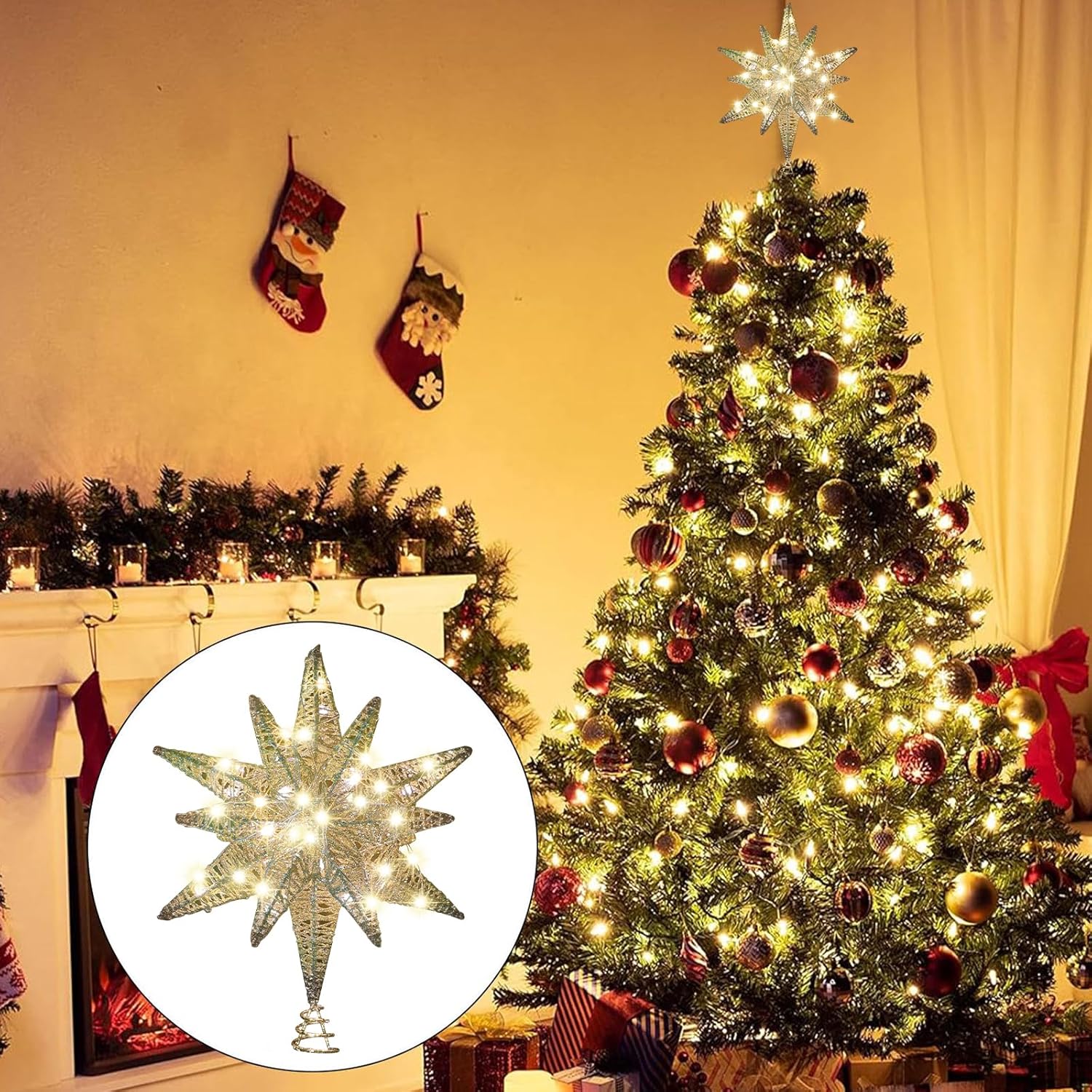 Christmas Star Tree Topper Decorations, Plug in 3D Geometric Star Plugged Decorative Treetop with LED Light Beads for Home Holiday Xmas Tradition Moravian Decor 16 Functions, Gold