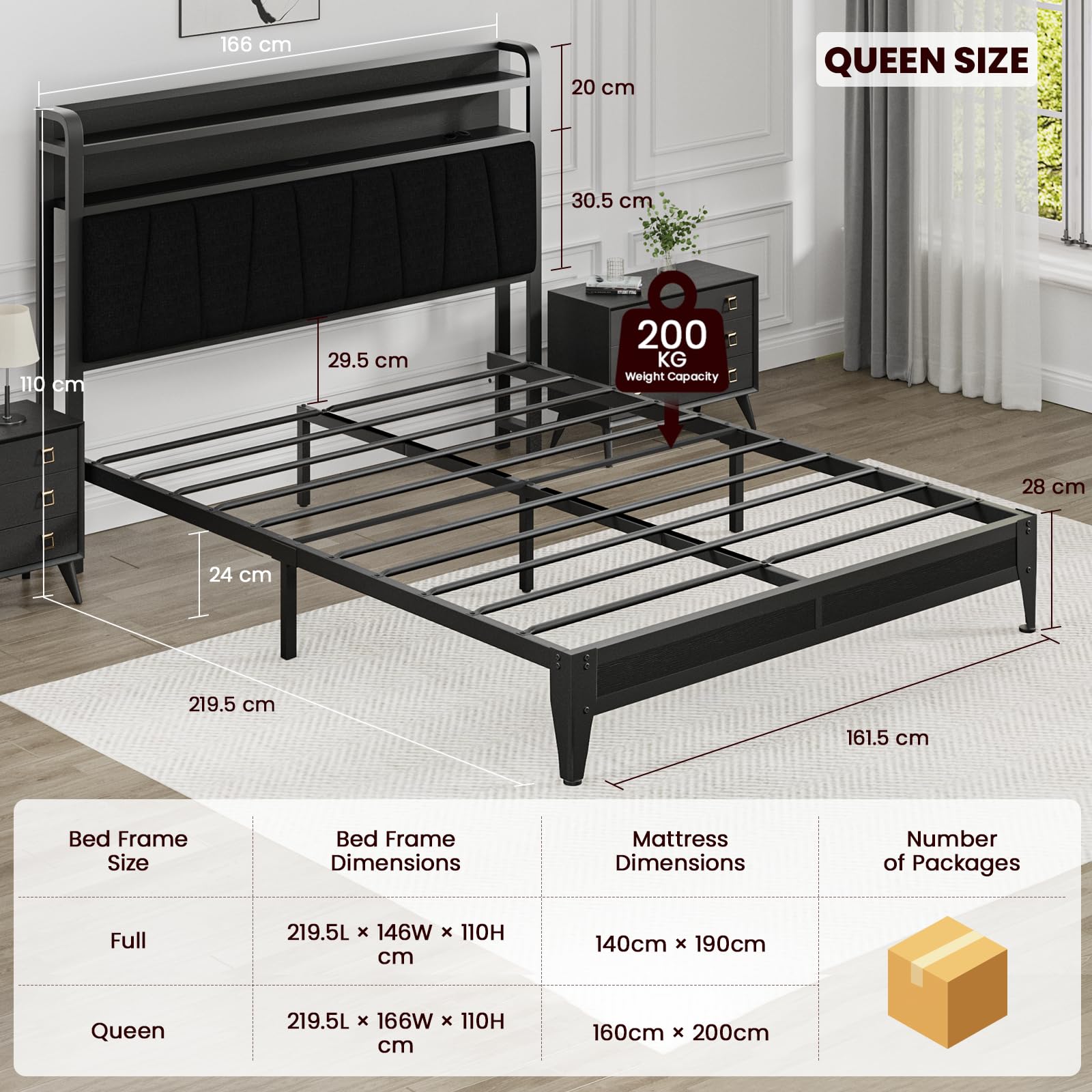 PROZENBDING Lit 160x200 avec sommier, Cadre de lit avec LED et Prise USB, Rangement 2 Niveaux dans la tête de lit, lit Double avec Lattes – sans Matelas, Noir
