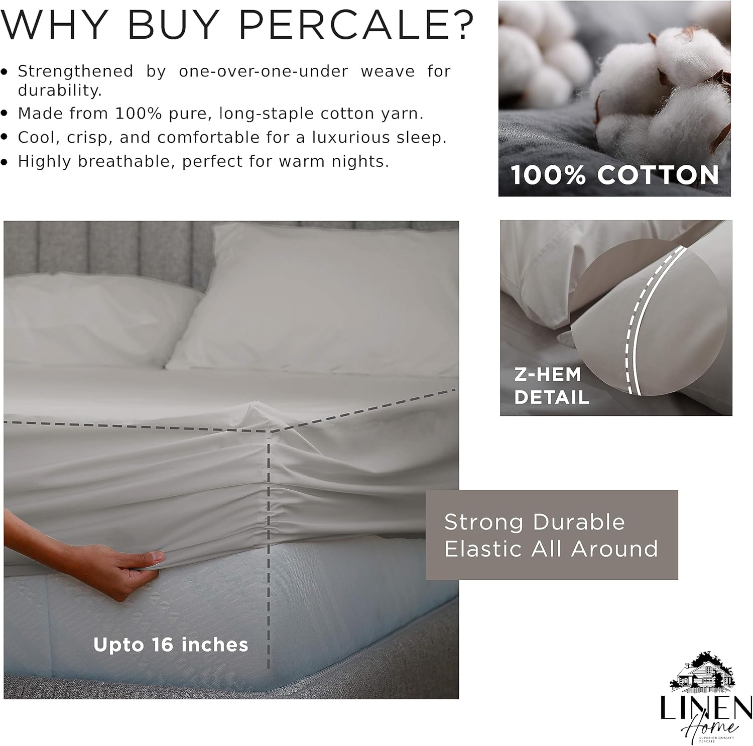 Linen Home 100% Cotton Percale Fitted Sheet Set King Size, Silver, Deep Pocket, 3 Piece - 1 Deep Pocket Fitted Sheet and 2 Pillowcases, Crisp Cool and Strong Bed Linen - Image 3