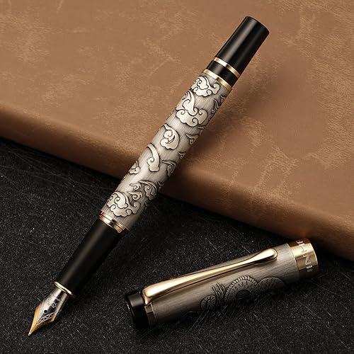 Miniatura 7 de Vintage Jinhao 5000 Pluma estilográfica de metal, punta media, 0.028 in, textura de dragón avanzada, talla de nube, gris antiguo