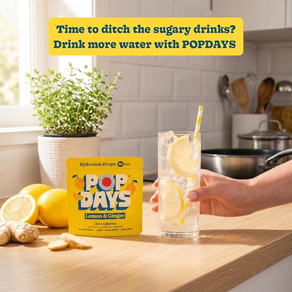 POPDAYS hydration tablets Lemon & Ginger Water Flavouring – 14 Effervescent Electrolyte Tablets. With Vitamins B, C & D – Zero Sugar & Zero Calories – With Magnesium, Calcium & Zinc (Lemon & Ginger)