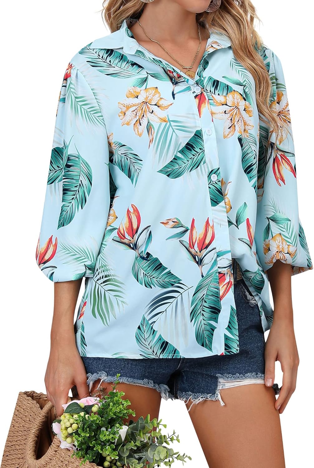 ZXZY Women's Hawaiian Shirts Long Sleeve Tropical Tops Button Down Dressy Casual Blouses - Image 3