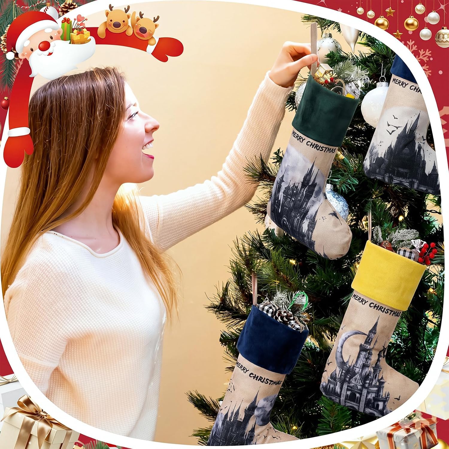 Sosation 4 Pack Magic College Styles Christmas Stockings 18 Inch Multicolor Christmas Stockings Castles Personalized Four Socks for Holiday Decoration Friends Gift Movie Character Cosplay